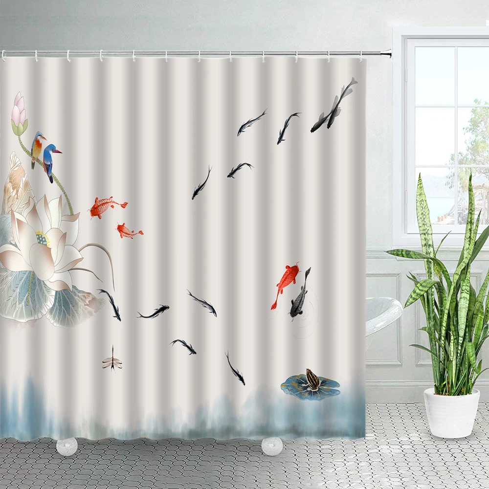 Ink Carp Pink Floral Shower Curtains Set Red Black Koi Fish Chinese Style Decor Bathroom Fabric Bathtub Bath Curtain With Hooks