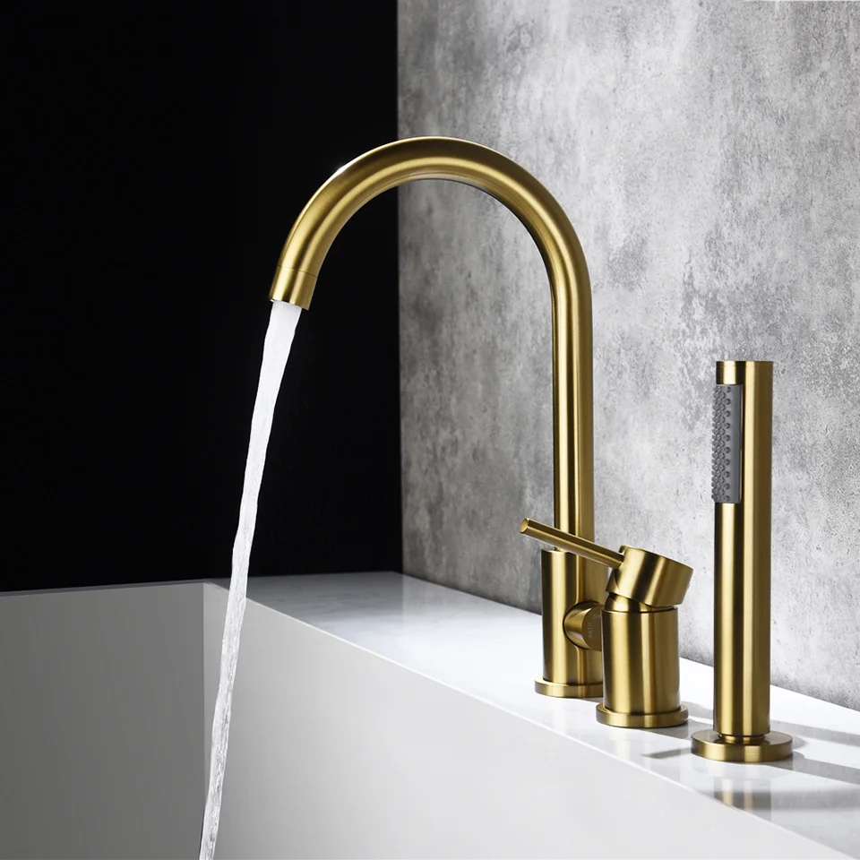 3 Holes Deck Mount Bathtub Faucet 100% Brass Pull Out Shower Faucet Bath Tub Hot & Cold Mixer Water Tap