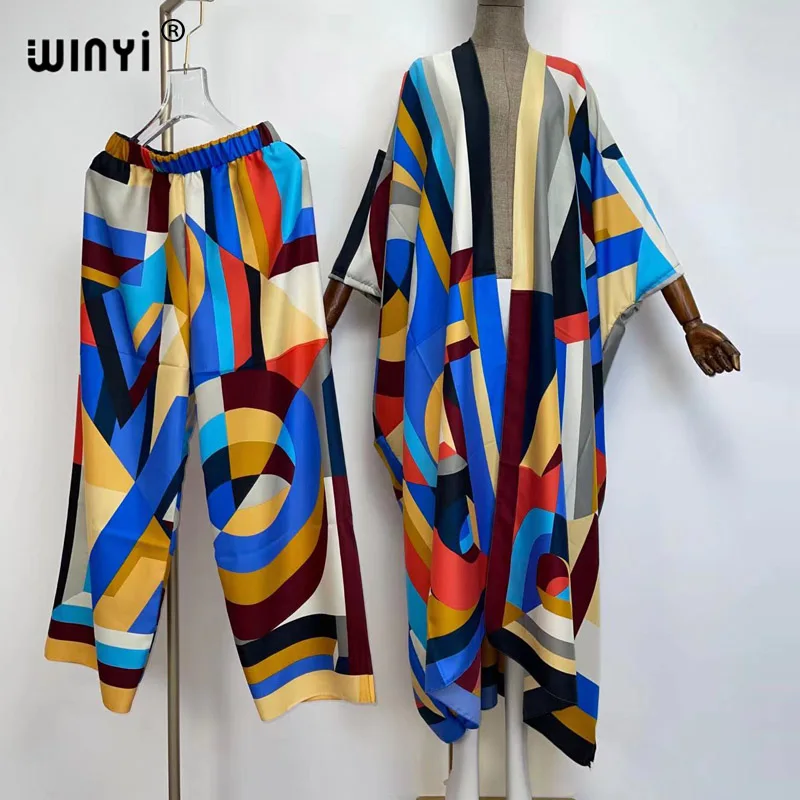 WINYI 2021 two-piece suit Boho Printed kimonos verano Batwing Sleeve sukienka Women Elastic Silk Floor Length New Fashion kaftan