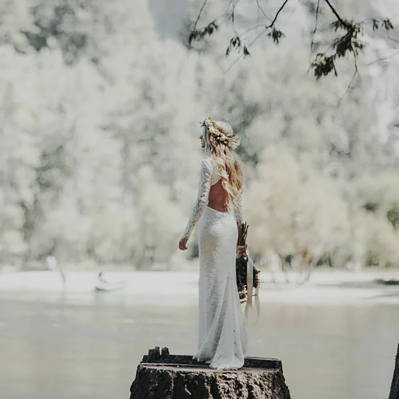 Vestido de novia de manga larga de encaje, traje de novia con diseño de sirena, calado rústico, espalda abierta, cuello de murciélago, fotografía