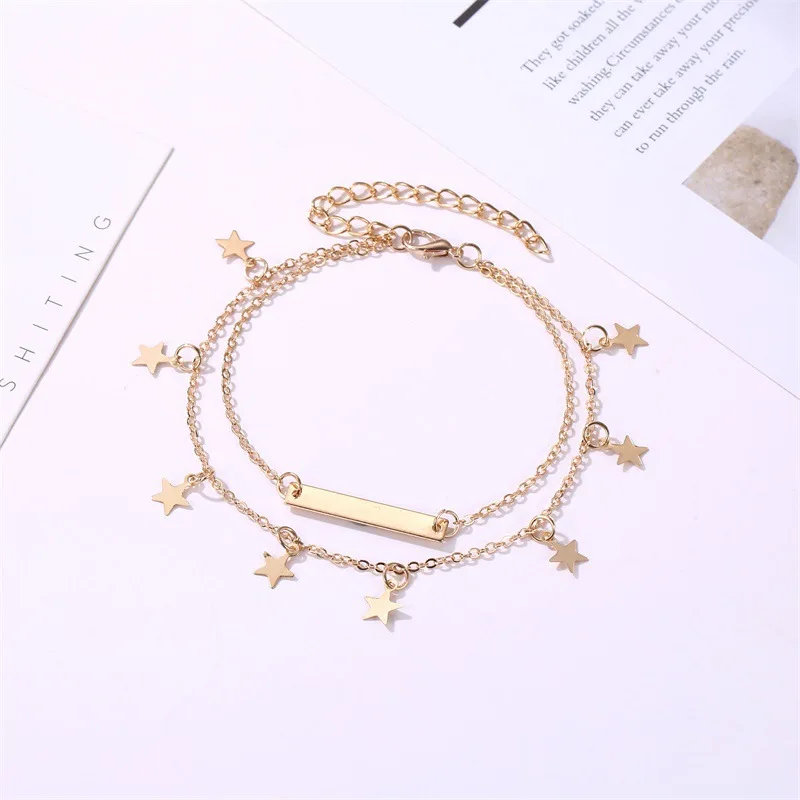 Fashion Double Chain Stainless Steel Ankle Bracelet for Women Star Leg silver color Chain Tassel Anklet Vintage Foot Accessories