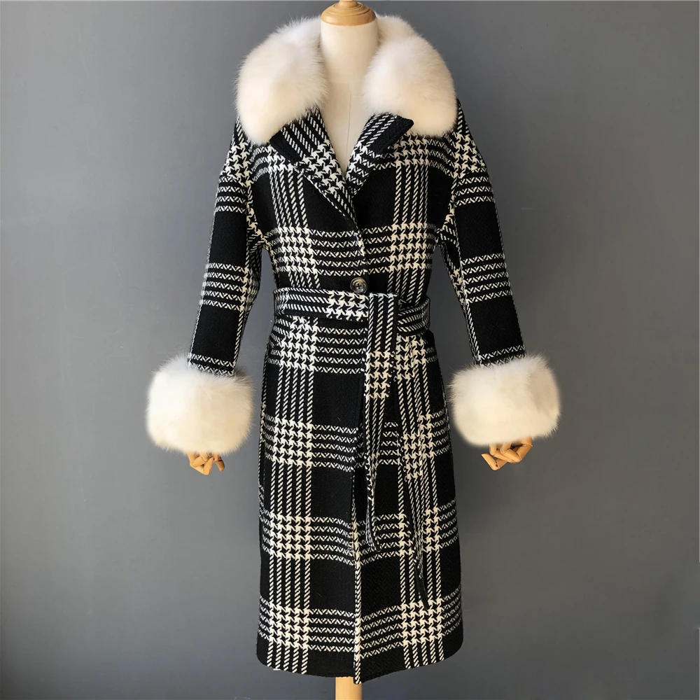 Jxwatcher Women Fashion Plaid Wool Coat Real Fur Collar Lady Winter Houndstooth Belt with Pocket Long Coats Thick Tweed Overcoat