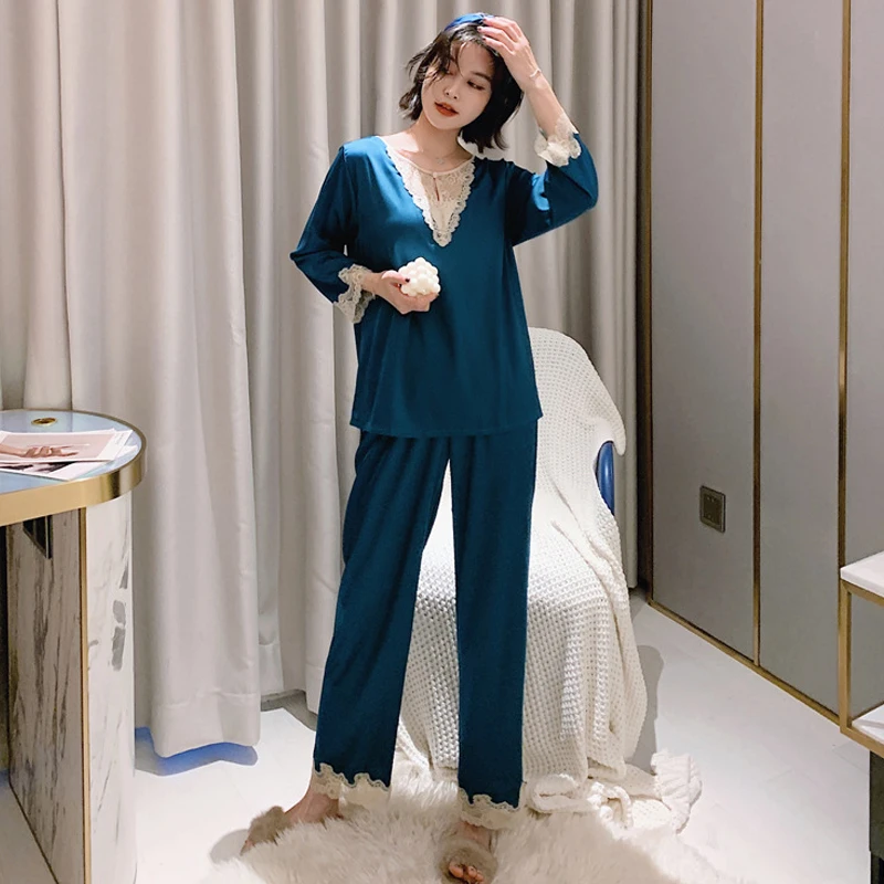 여성용 홈 의류 실크 잠옷 세트 섹시한 수면 탑 레이스 여성 잠옷 소녀 잠옷 숙녀 피자 마 Loungewear Suit New