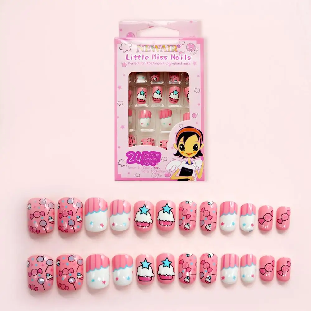 Adesivo de unhas lindo doce rosa 24 tamanhos, utensílios de beleza e brinquedos de moda, para crianças, maquiagem e cosméticos para crianças