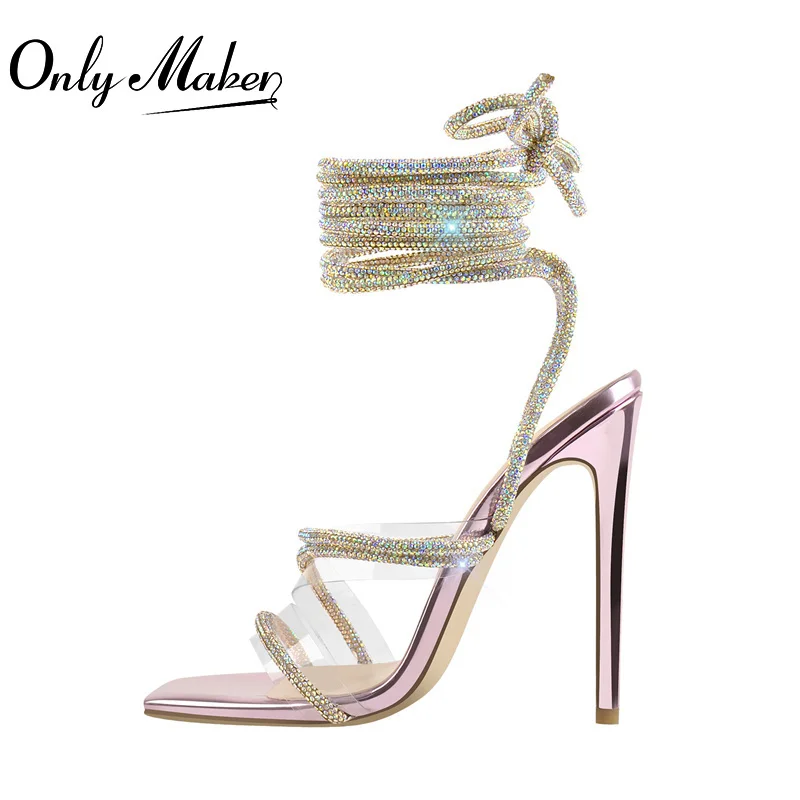 Onlymaker Women Rhinestone Summer Sandals Crystal Lace-Up Stiletto Multicolor Square Toe Cross Strap Thin High Heel Sandals