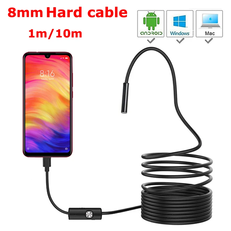 8 millimetri Lens HD 1 M/2 M/5 M/10 M Cavo del Disco Android USB Endoscopio luce della macchina fotografica Led Borescopes Fotocamera Per PC Android