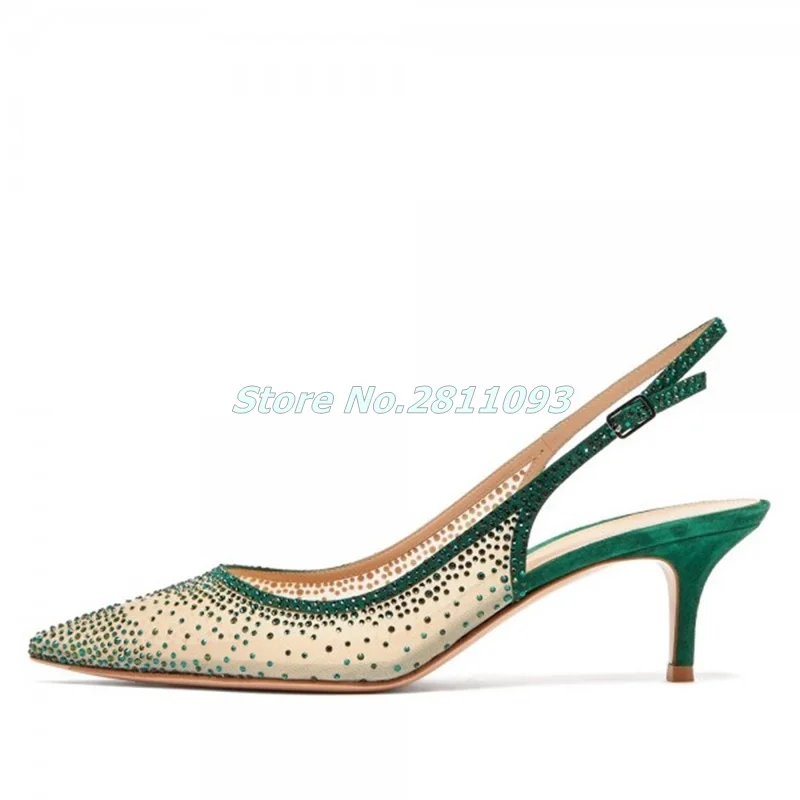 Green Suede Rhinestone Mesh Kitten Heel Slingback Pumps Thin High Heels Sexy Pointed Toe Dress Women Shoes Back Strap Open Heel