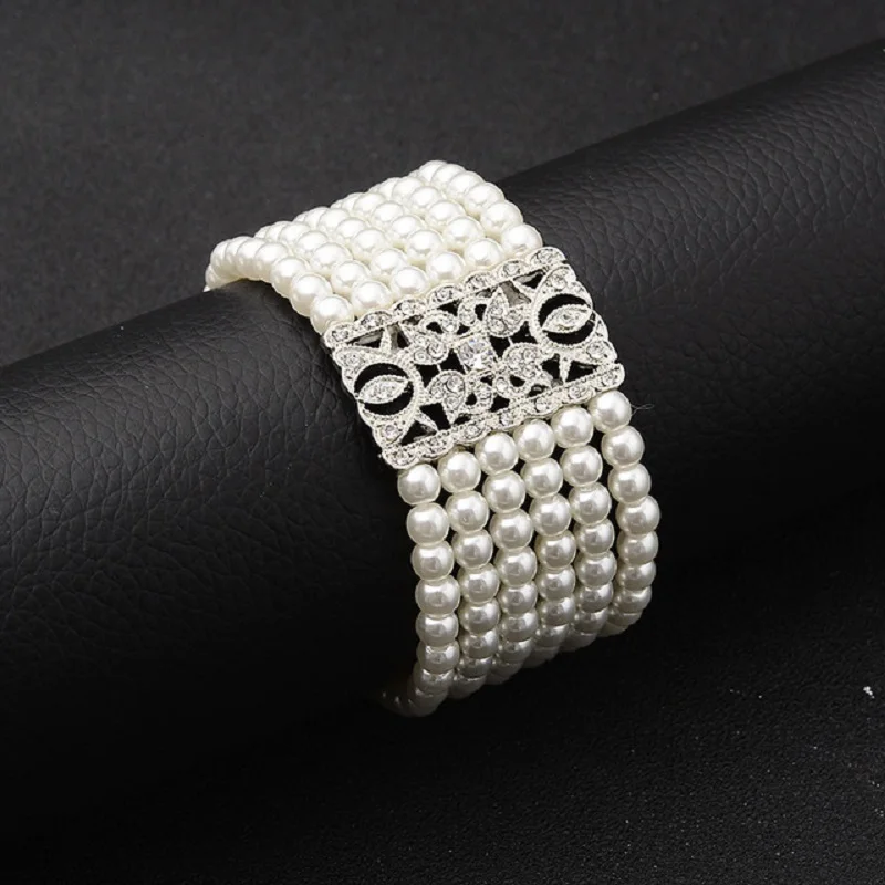 

SLBRIDAL Clear Bridal Wedding Bracelet Bangle Rhinestone Crystal Pearls Stretch Bracelet Wedding accessoreis for your Wedding
