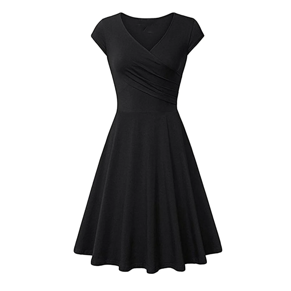 Fashion Elegant Dress Women Solid Color V Neck Short Sleeve Plated Swing Party Banquet Dress