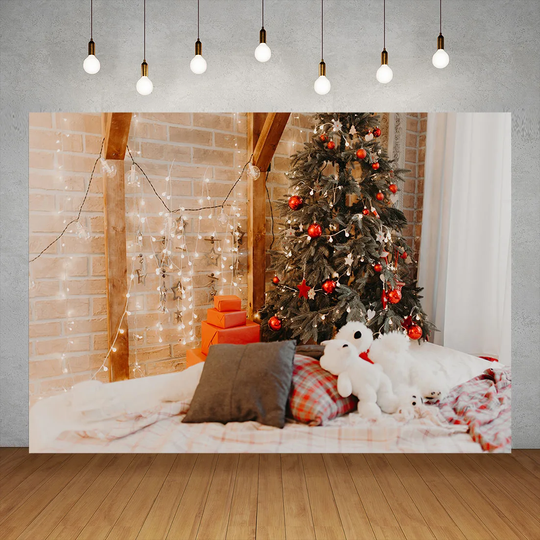 Christmas Tree Presents String Lights near Bed Backdrop Photozone Photocall Baby Family Photographic Background Photo Studio