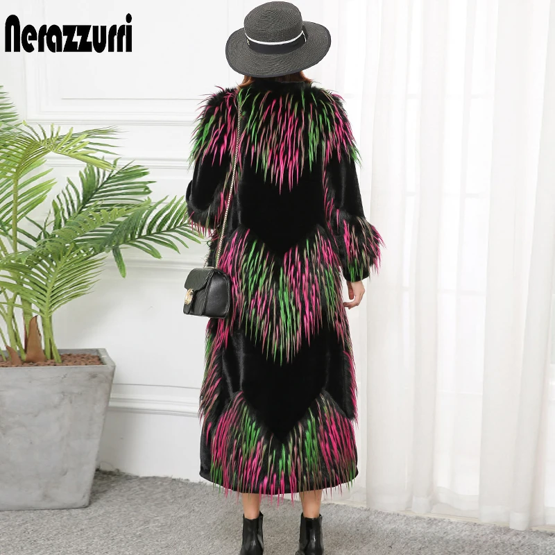 Nerazzurri Winter Multicolor Long Fluffy Patchwork Faux Fur Coat Women Designer Korean Fashion with V Neck Elegant Streetwear