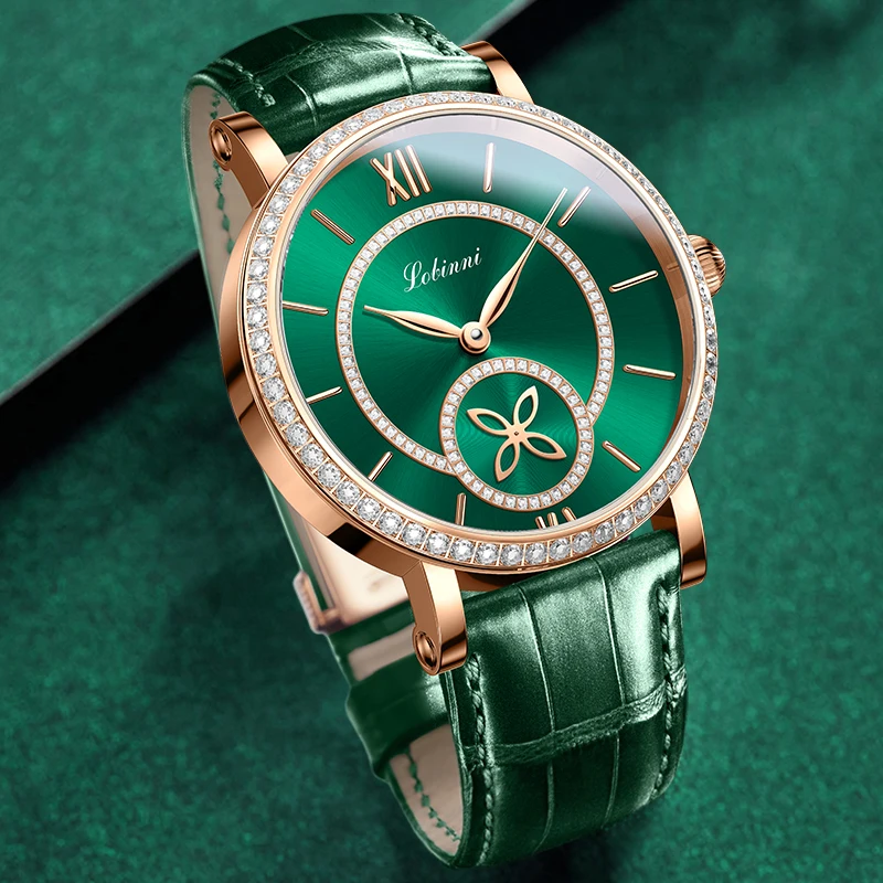 2021 New Lobinni Automatic Mechanical Ladies Watch Green Dial Watches For Women Diamond Fashion Casual Wristwatch часы женские