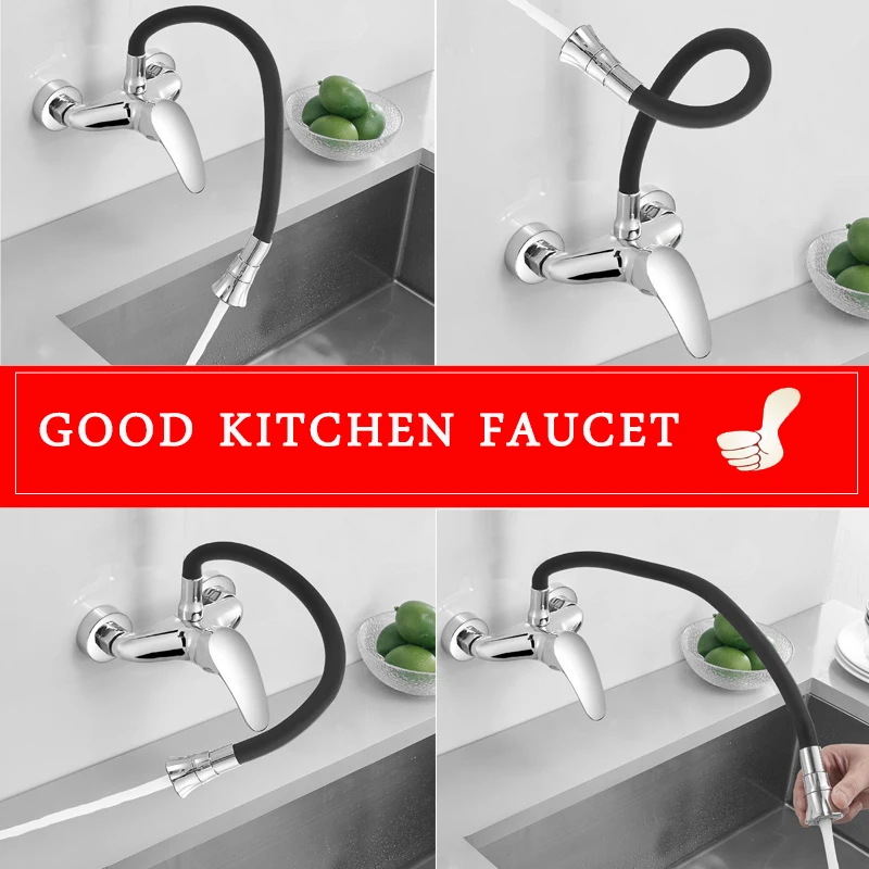 BECOLA Wall Mounted  Cold & Hot Water Kitchen Mixers Faucet Kitchen Sink Tap 360 Degree Swivel Flexible Hose Double Holes