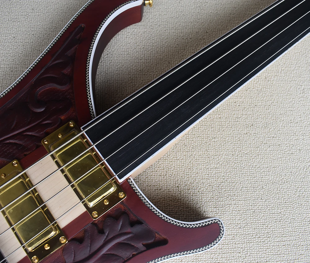 4 Strings Fretless Neck-thru-body Electric Bass Guitar with Sculpture Body,Rosewood Fretboard