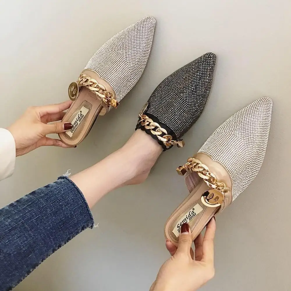 Pointed Toe Half Slippers Female Summer Wear 2021 New Fashion Rhinestone Lazy Flats Sandals Casual Slippers Metal Chain Slides