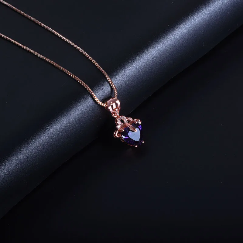 Korean Fashion Heart Shaped Amethyst Pendant Necklace for Women Sweet and Romantic Neck Chain Gift Metal Accessories Jewelry Set
