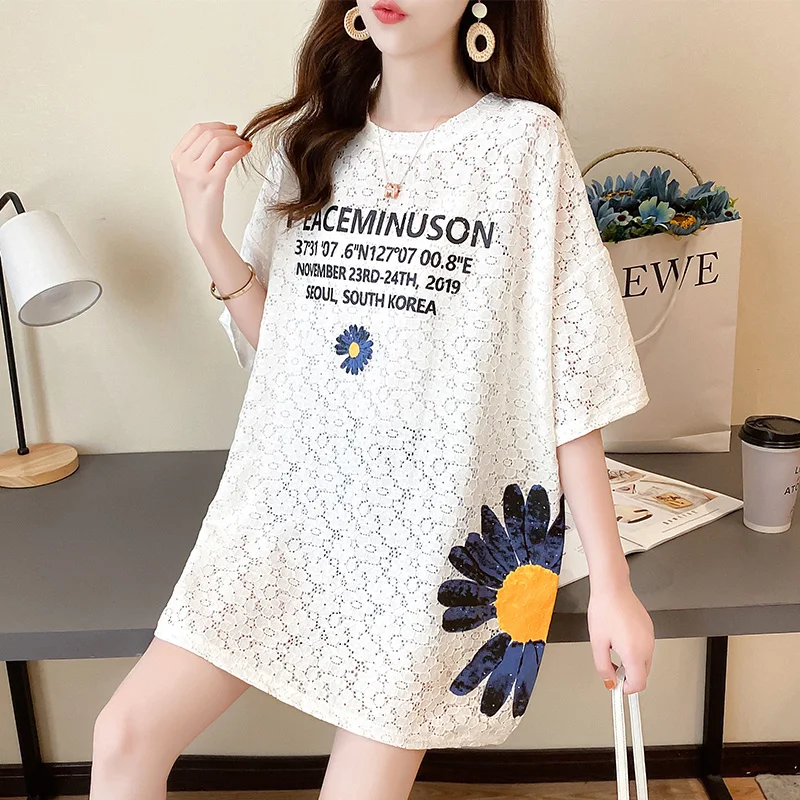 

#0620 White T Shirt For Girls Loose Casual Printed Long T-shirt Hollow Out Thin Sexy Lace T Shirt Femme Short Sleeved Summer2022