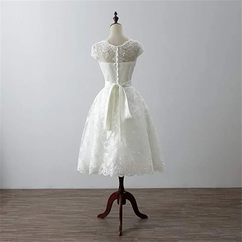 A Line Short Satin Netting Applique Lace Scoop Neck KneeLength Cap Sleeve Wedding Dresses Bridal Gown Zipper Back