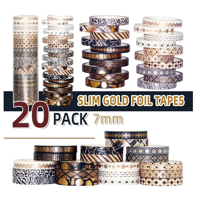 

20pcs Slim Gold Foil Washi Tapes Set 7mm Multi Pattern Adhesive Masking Tape Decoration Stickers for Album Diary School A6609