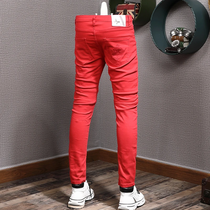 Summer Men's Red Jeans Thin Cotton Slim Fit Straight Pants Korean Style Casual Denim Trousers