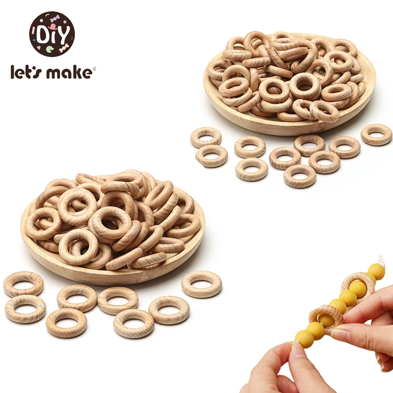 

Let's Make 50pcs 25-70mm Beech Wooden Ring Teether Natural Wood DIY Bracelet Crafts Gift Teething Accessory Baby Teether Toys