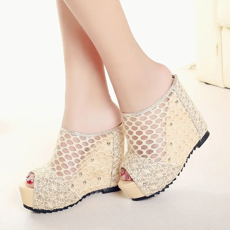 Summer Net yarn High heels 2022 New Women 12CM Wedges Sandals Platform Slippers Lace Increase Peep Toe Shoes Feminina Chaussures