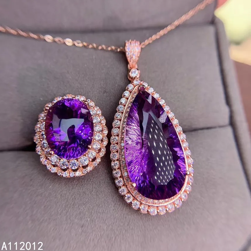 

KJJEAXCMY fine jewelry natural Amethyst 925 sterling silver vintage girl pendant necklace ring set support test hot selling