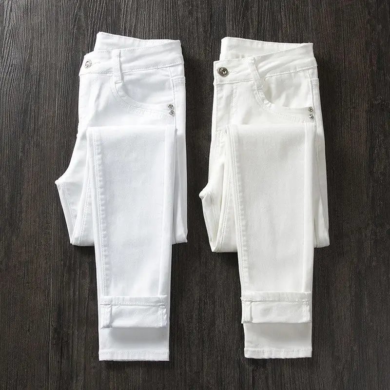 White Jeans Woman High Waist Jean Femme 2021 Spring Summer Autumn Wild Tight Elasticity Pencil Denim Pants Mom Jeans Mujer 364