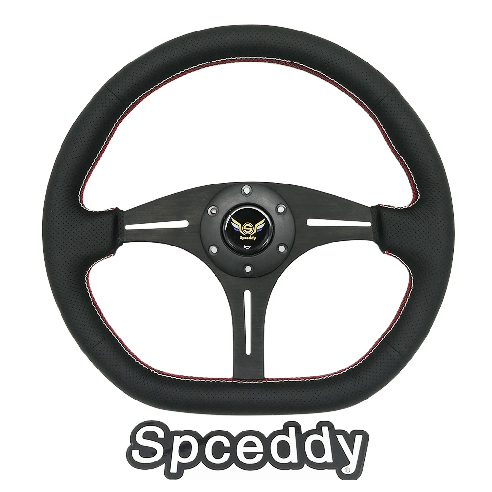 New Racing Steering Wheel 14 Inch 350mm Car Drift Sport Flat Leather Steering Wheels Perforated With Horn And Double Stitch Line