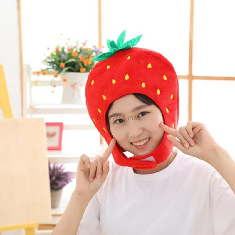 Sweet Women Girls Funny Strawberry Plush Hat Embroidery Fruits Hood Cap Mask Party Cosplay Costume Photo Props Toys