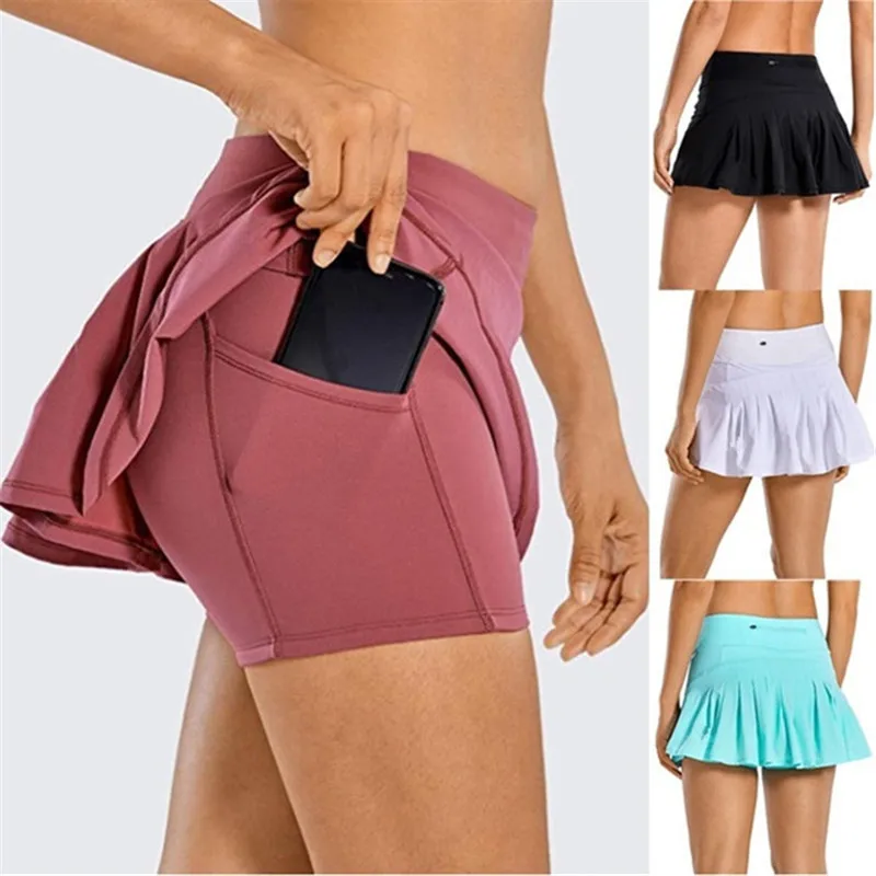 Women Sport Athletic Skirted Run Shorts Solid Color Pleated Tennis Golf Skirt Anti Exposure Fitness Short Skirt Sportswear