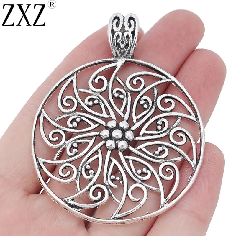 

ZXZ 5pcs Tibetan Silver Large Filigree Flower Round Charms Pendants for Necklace Jewelry Making Findings 70x55mm