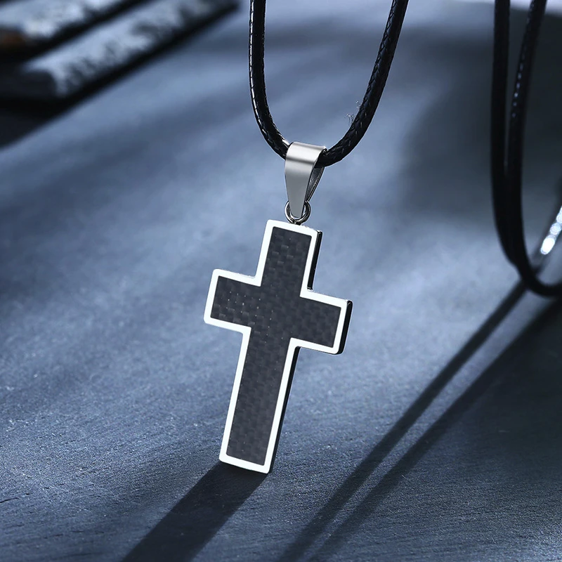 Cross Necklace Men, Black Carbon Fiber Latin Cross Pendant, Stainless Steel Edges Pendant Gentleman Jewelry