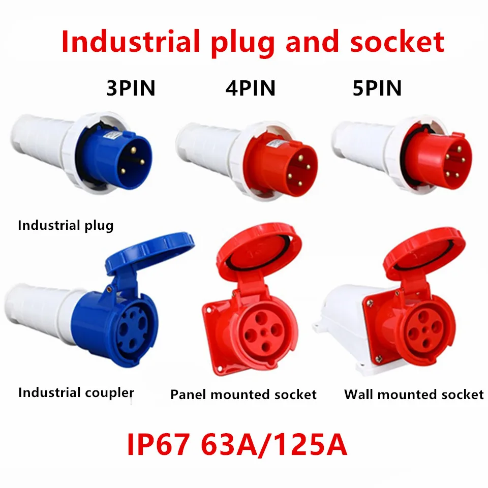 

Industrial Plug and Socket 63A 125A 3 Pin 4 Pole 5 PIN IP67 Wall Mounted Socket Panel Mounted Coupler Waterproof 220V 380V 415V