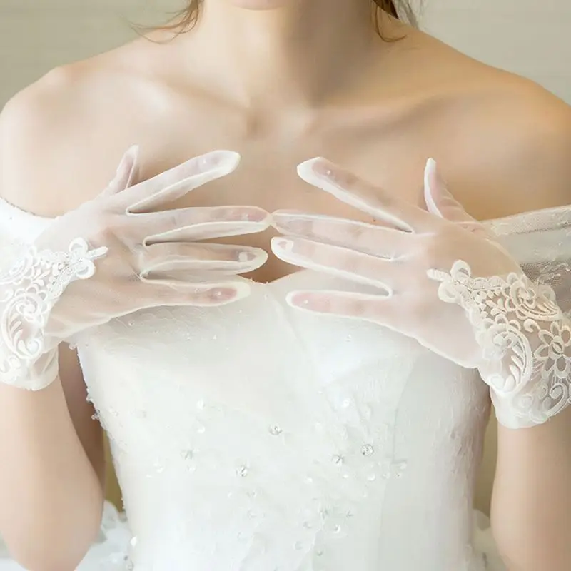 Guantes Glamour para vestido de novia, mitones de encaje de párrafo corto, accesorios para vestidos de novia, guante encantador para mujer con dedos E15E