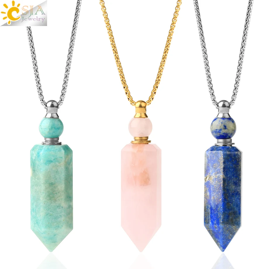 CSJA Hexagon Pillar Perfume Bottle Necklaces Natural Crystal Stone Essential Oil Diffuser Pendant Women Men Healing Jewelry G619