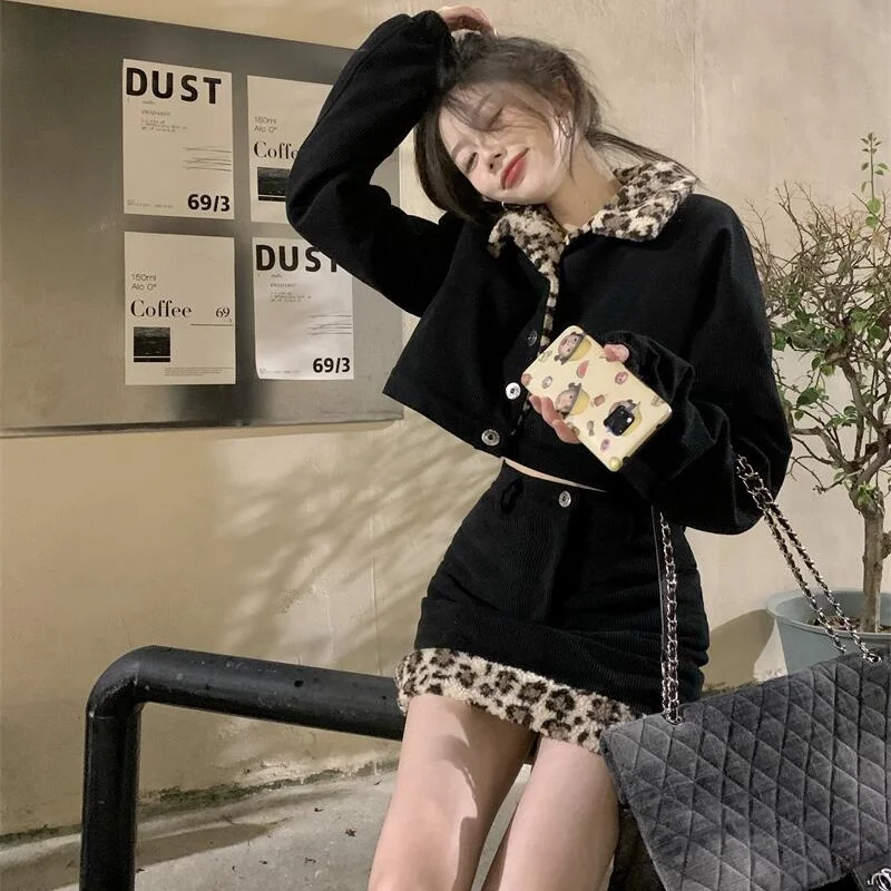 Winter Harajuku Style Hot Girl Suit Diablo Style Single-breasted Coat High Waist Mini Skirt Vintage Black Leopard Two-piece Suit