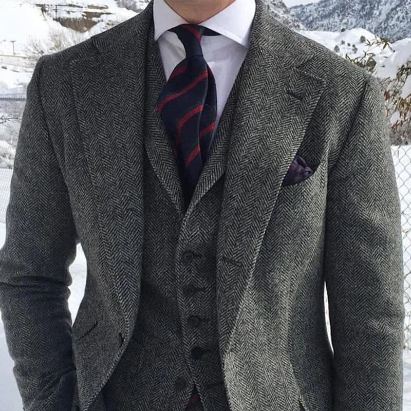 Gray Wool Tweed Winter Men Suit\'s For Wedding Formal Groom Tuxedo Herringbone Male Fashion 3 Piece Suit (Jacket + Vest + Pants)