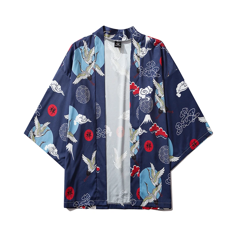 

Traditional Japan Asia Clothes Yukata Women Blue Kimono Cardigan Summer Crane Print Shirt Top Casual Kawaii Cosplay Sexy Costume