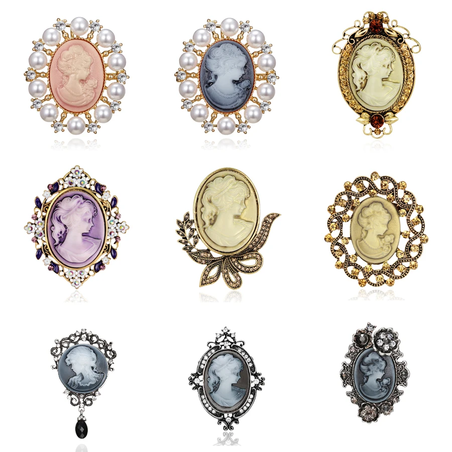 Crystal Rhinestones Cameo Vintage Brooches for Women Queen's Cameo Beauty Head Brooch Pin Clothing Accessories Girls Gifts