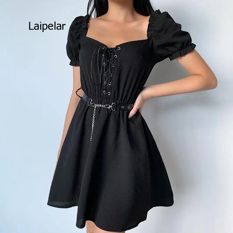 Harajuku Punk Black Bandage Patchwork Vintage Female Dress Puff Sleeve Lady Dress