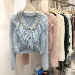 JSXDHK Fashion Luxury Ruffles Patchwork Mohair Cardigan Women Fall Winter Soft Beaded Diamonds Blue Knitted Short Sweater Jacket