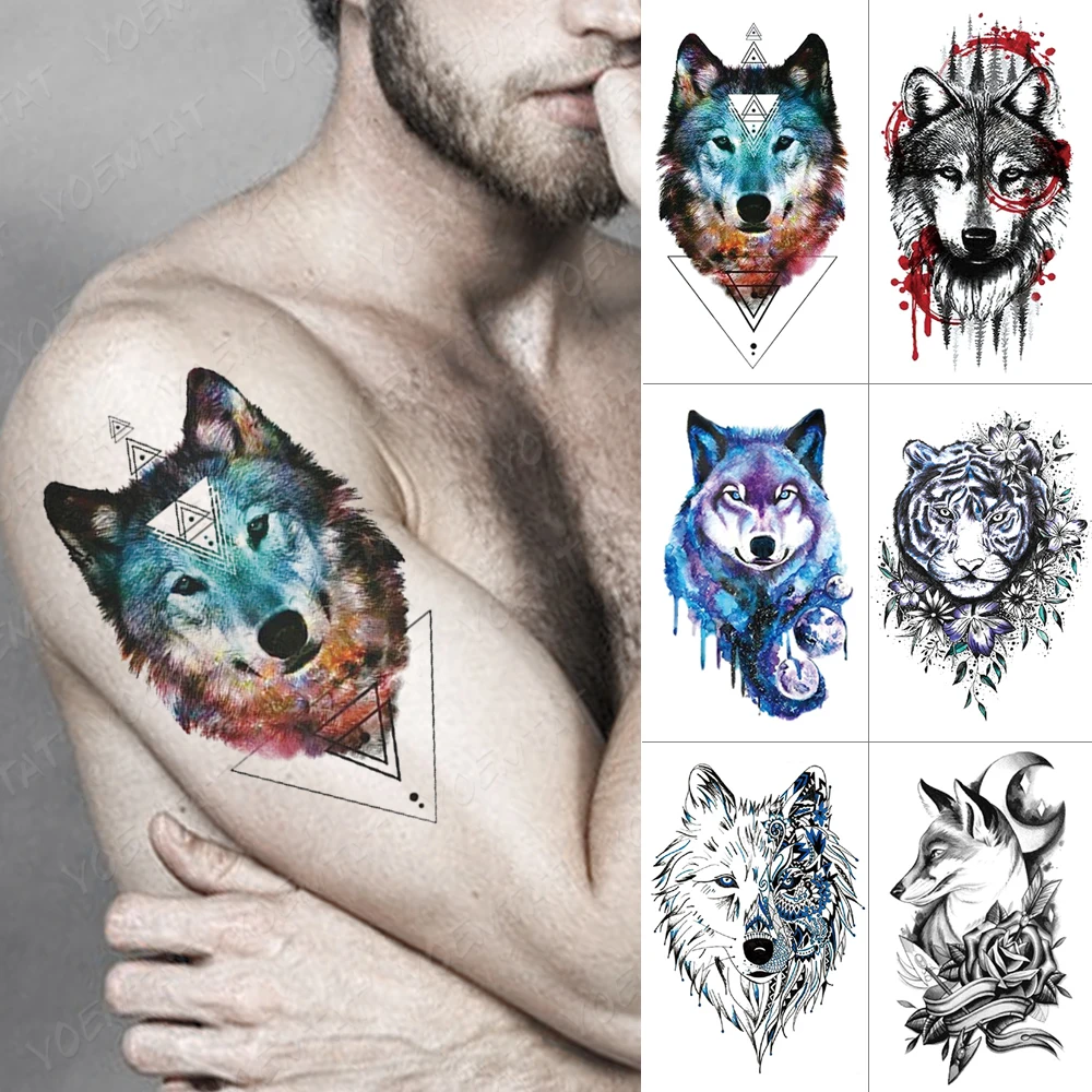 

Waterproof Temporary Tattoo Sticker Wolf Tiger Lion Flash Tattoos Triangle Geometry Body Art Arm Water Transfer Fake Tatoo Men