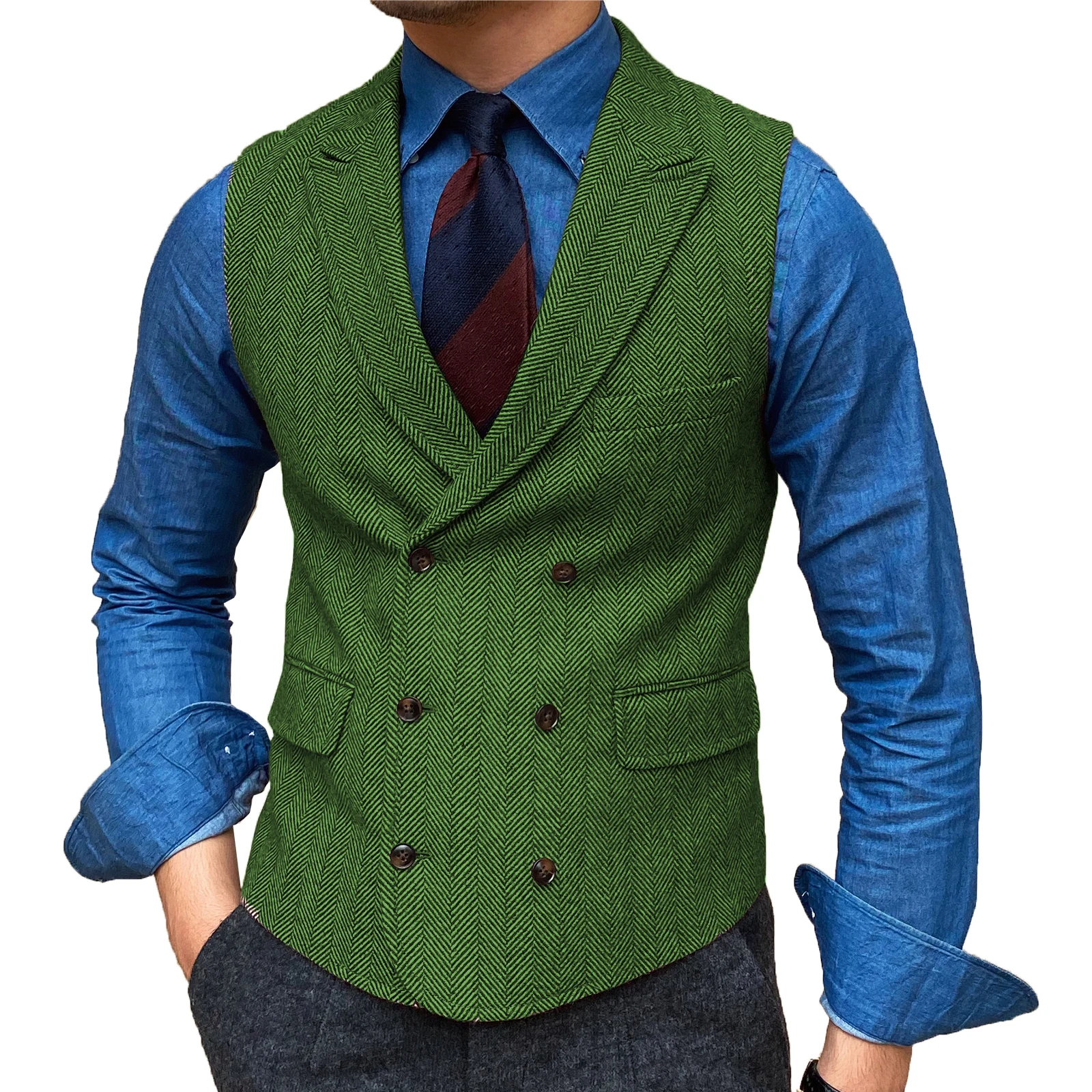 Mens Waistcoat Lapel Neck Wool Brown Retro Waistcoat Casual Formal Pocket Business Slim Fit Vest Groomman For Wedding Working