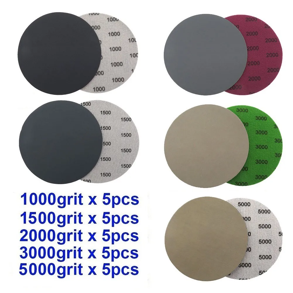 25 PCS 5 Inch 125mm Sandpaper Loop Hook Wet Dry Waterproof Sanding Discs 1000 1500 2000 3000 5000 Grit Abrasive Sandpaper Disc