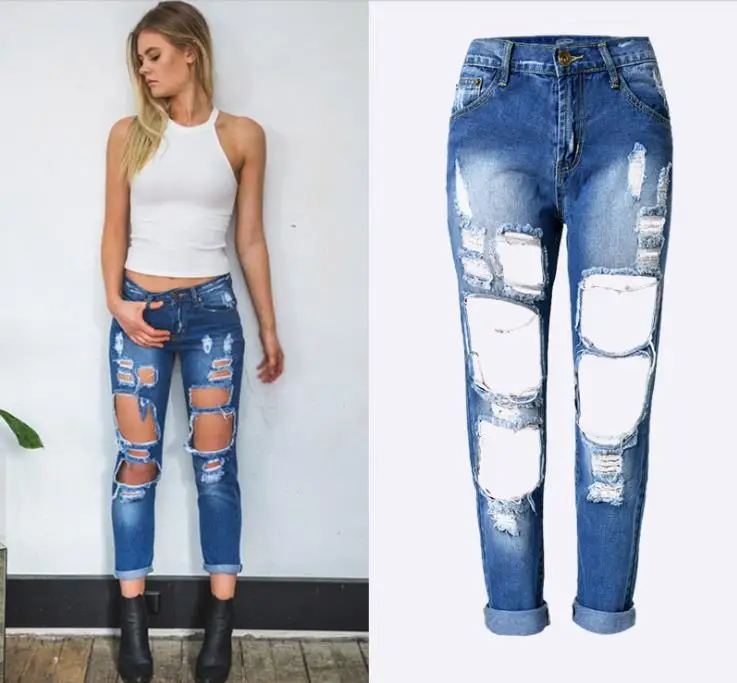 2022 Lente Mode Gebleekte Gescheurde Jeans Vrouwen Katoen Denim Slanke Elasticiteit Skinny Broek Snor Effect Vintage Jeans Femme