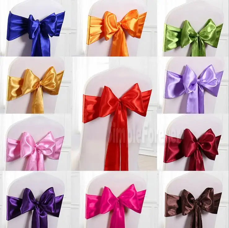 

New 100pcs/lot Wedding Party Decorative Satin Bows Ties Ribbon Chair Back Sash Bands Hotel Banquet Decor Chair Sash Cover