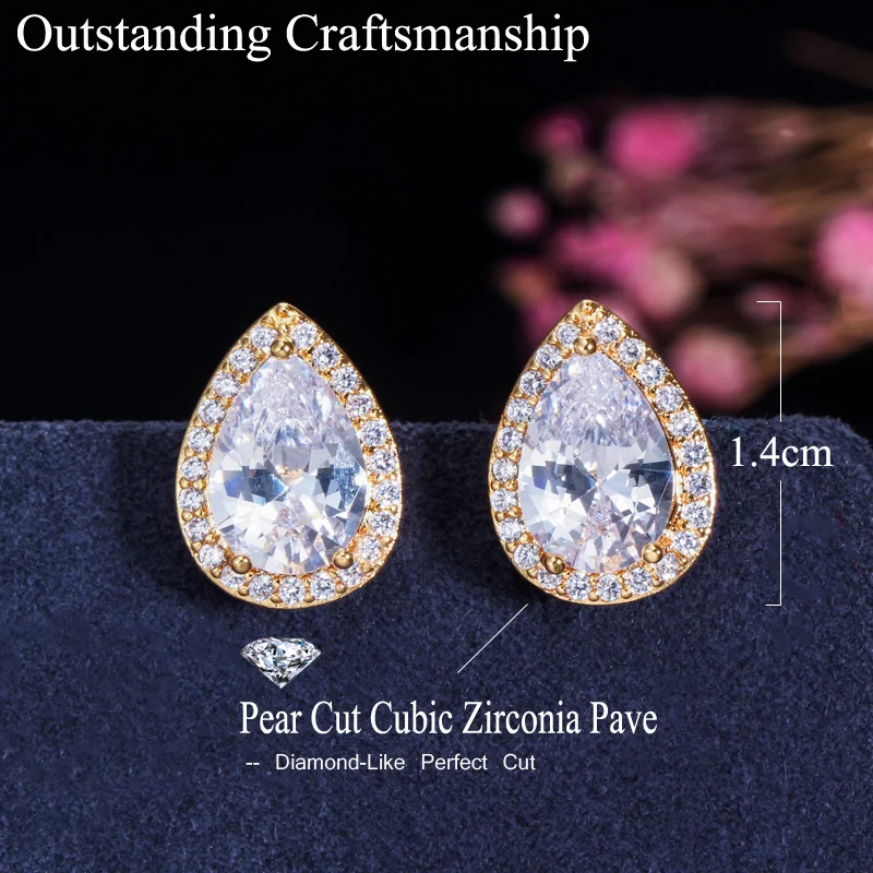 CWWZircons Trendy Classic Design Pure White Cubic Zirconia Pear Drop Crystal 585 Rose Gold Plated Stud Earrings for Women CZ156