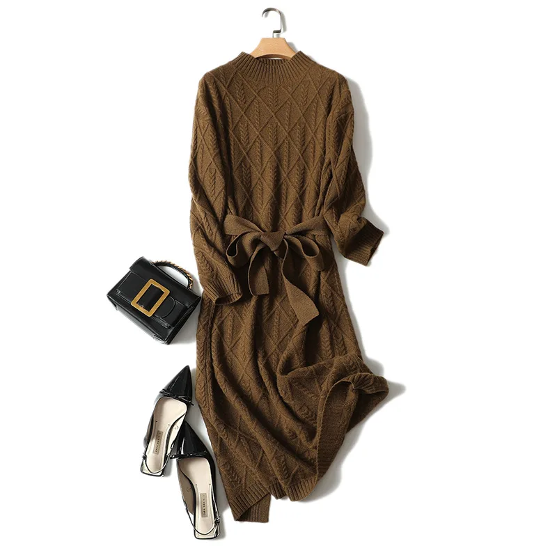 luxury 100% cashmere turtleneck dress long women\'s fashion winter rhombus pullover