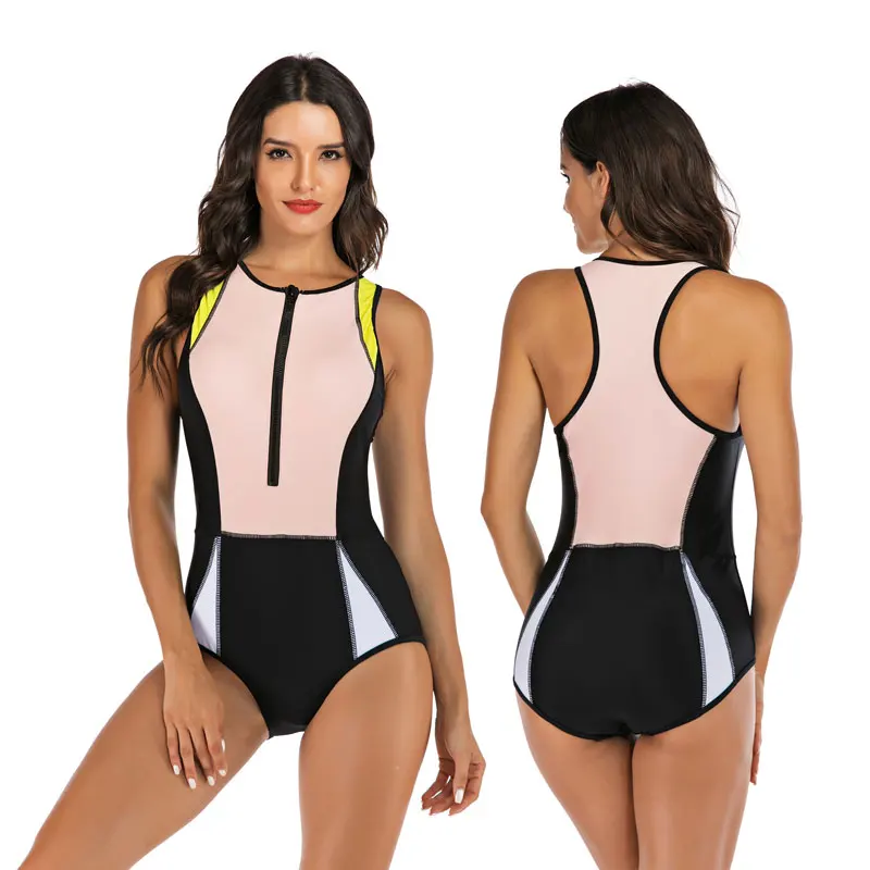 Women\'s UV Protection Surfing Swimsuit Swimwear Bathing Suits Wireless Zip up Front Color Block Rash Guards